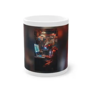 Cyber Hacker at Desk: Red Android Portrait Mug