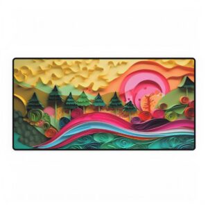 Quilled Pine Forest: Vibrant Paper Art Sunset Landscape Desk Mat