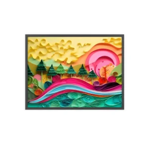 Quilled Pine Forest: Vibrant Paper Art Sunset Landscape Framed Poster