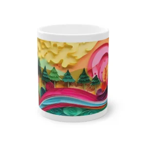 Quilled Pine Forest: Vibrant Paper Art Sunset Landscape Mug