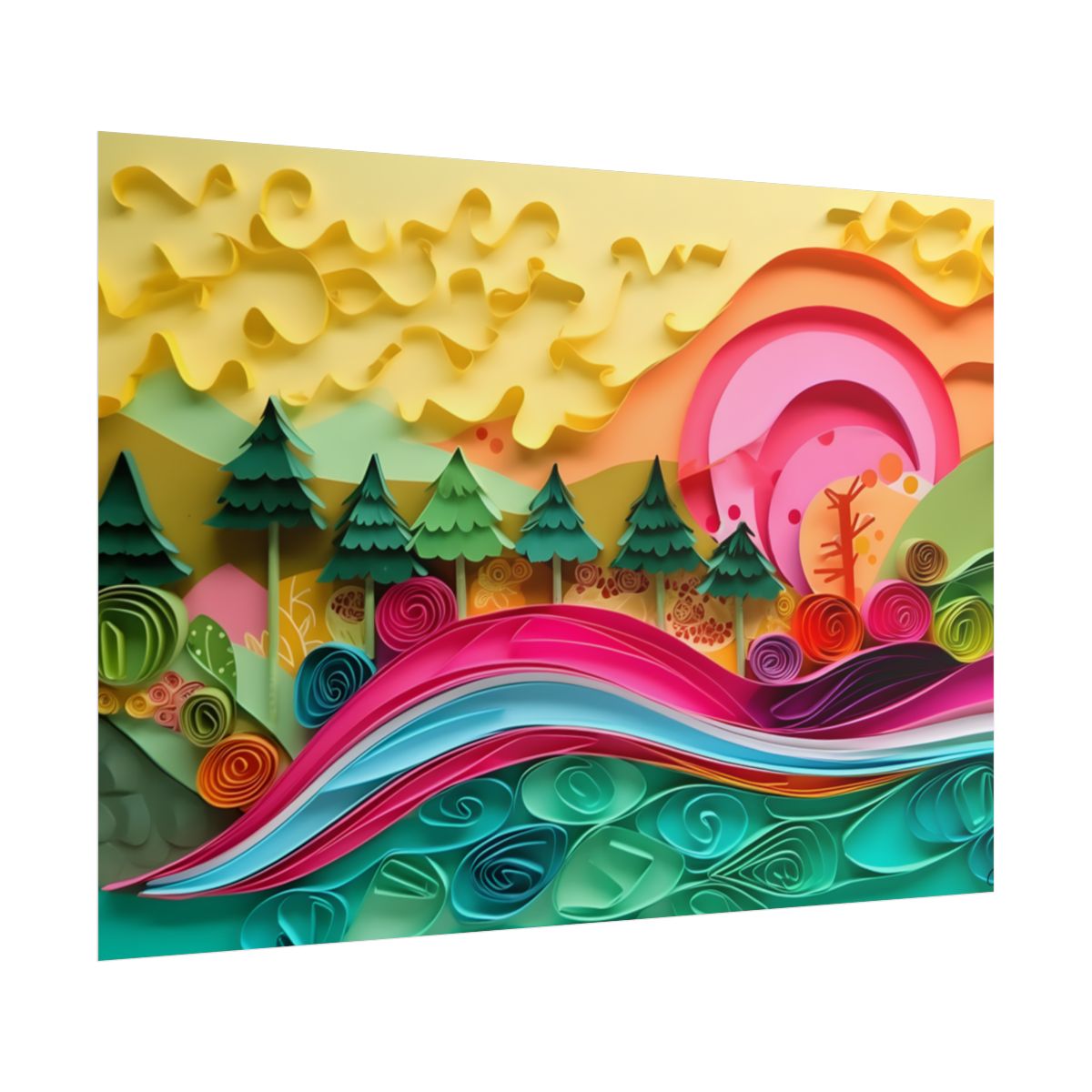 Magical Beach Landscape: Paper Art Masterpiece - Poster