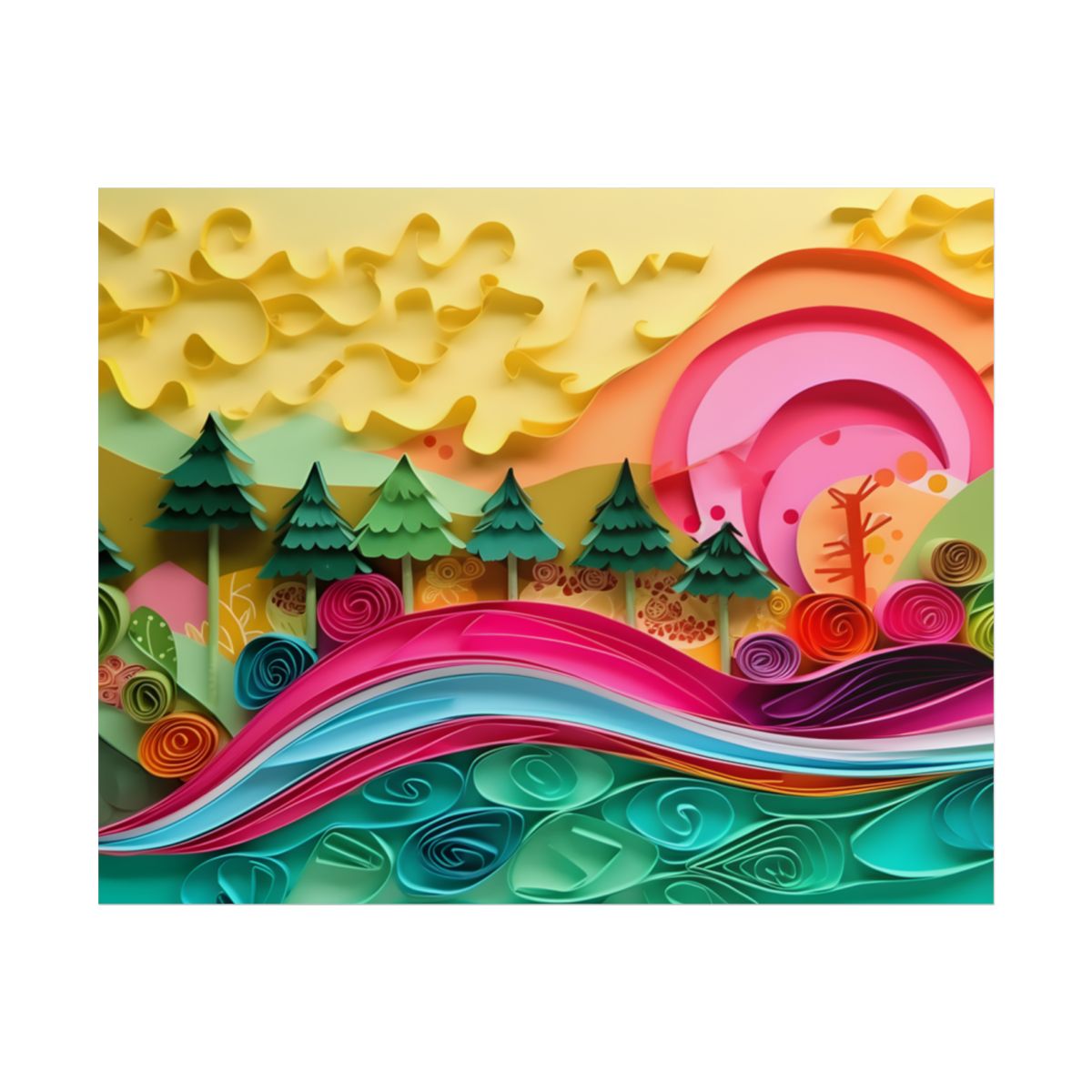 Magical Beach Landscape: Paper Art Masterpiece - Poster