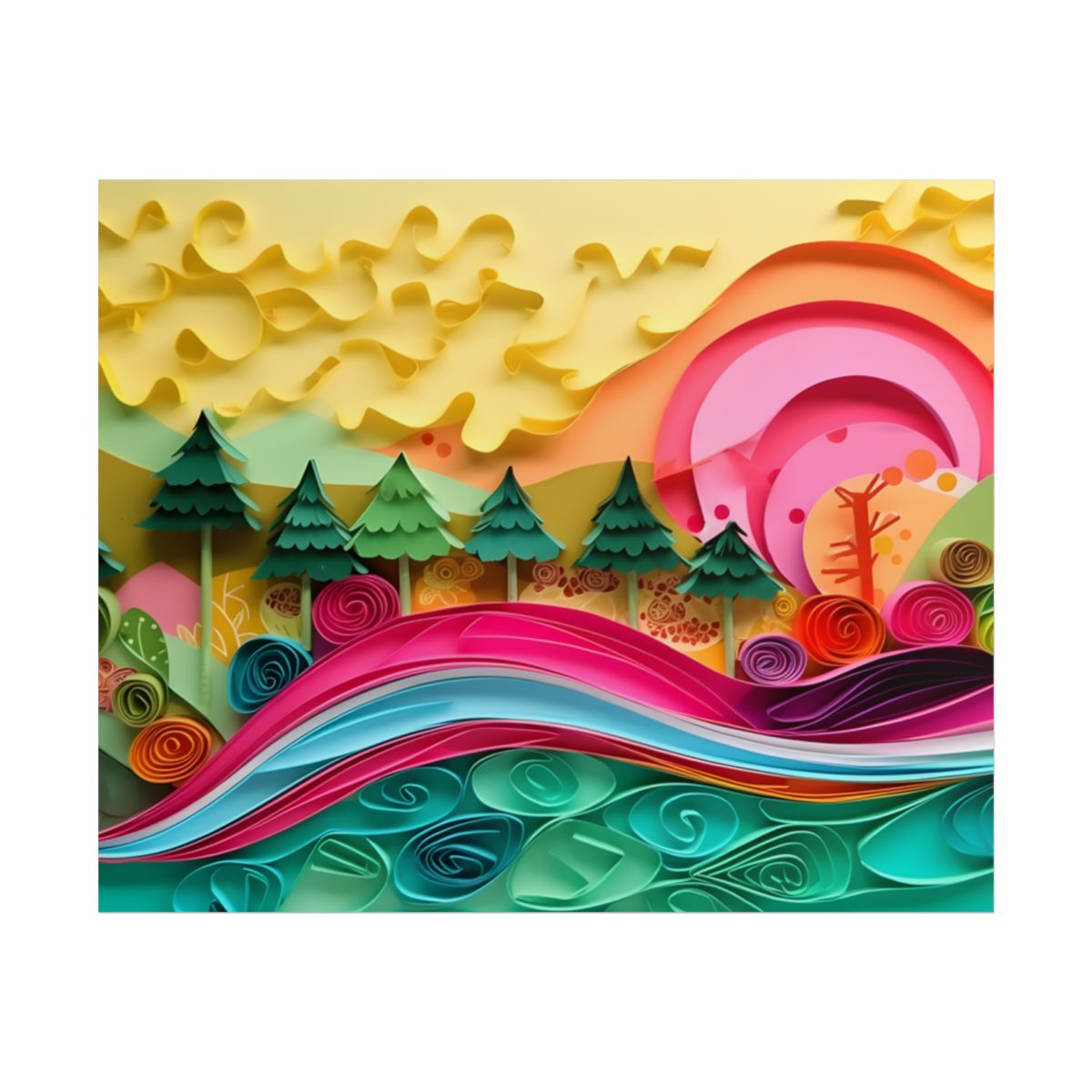 Magical Beach Landscape: Paper Art Masterpiece - Poster