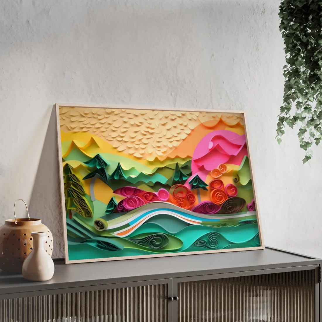 Magical Beach Landscape: Paper Quilling Art Piece - Framed Poster