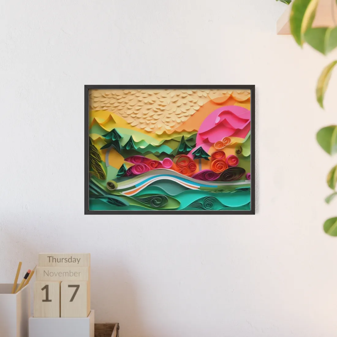 Magical Beach Landscape: Paper Quilling Art Piece - Framed Poster
