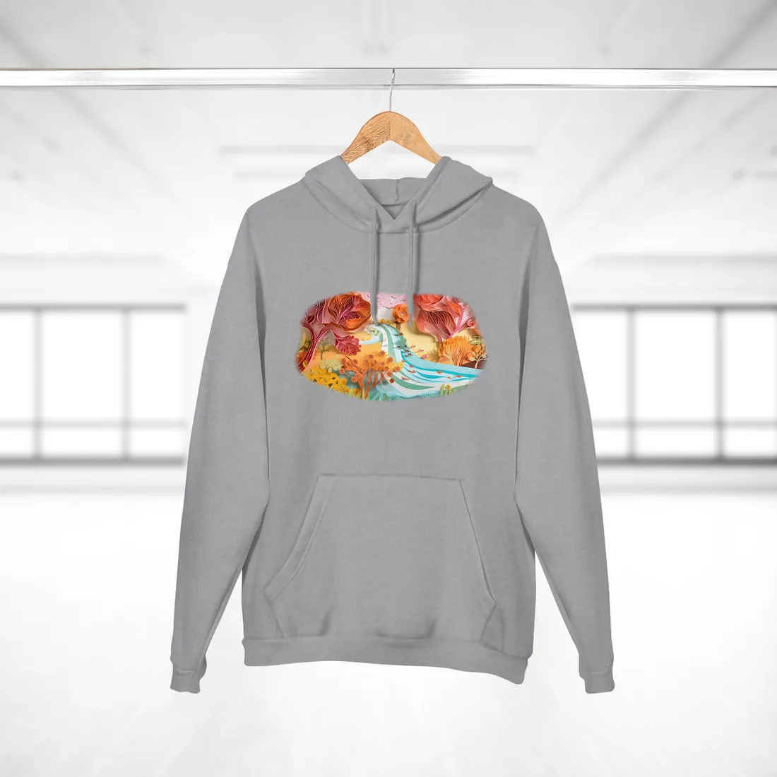 Quilled Autumn River Valley: Paper Art Landscape – Hoodie, heather grey