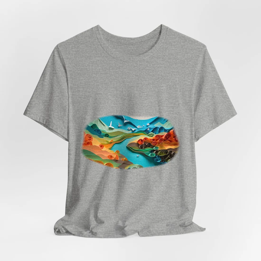 Green Hills and Blossoms: Paper Quilling Landscape – T-Shirt, athletic heather