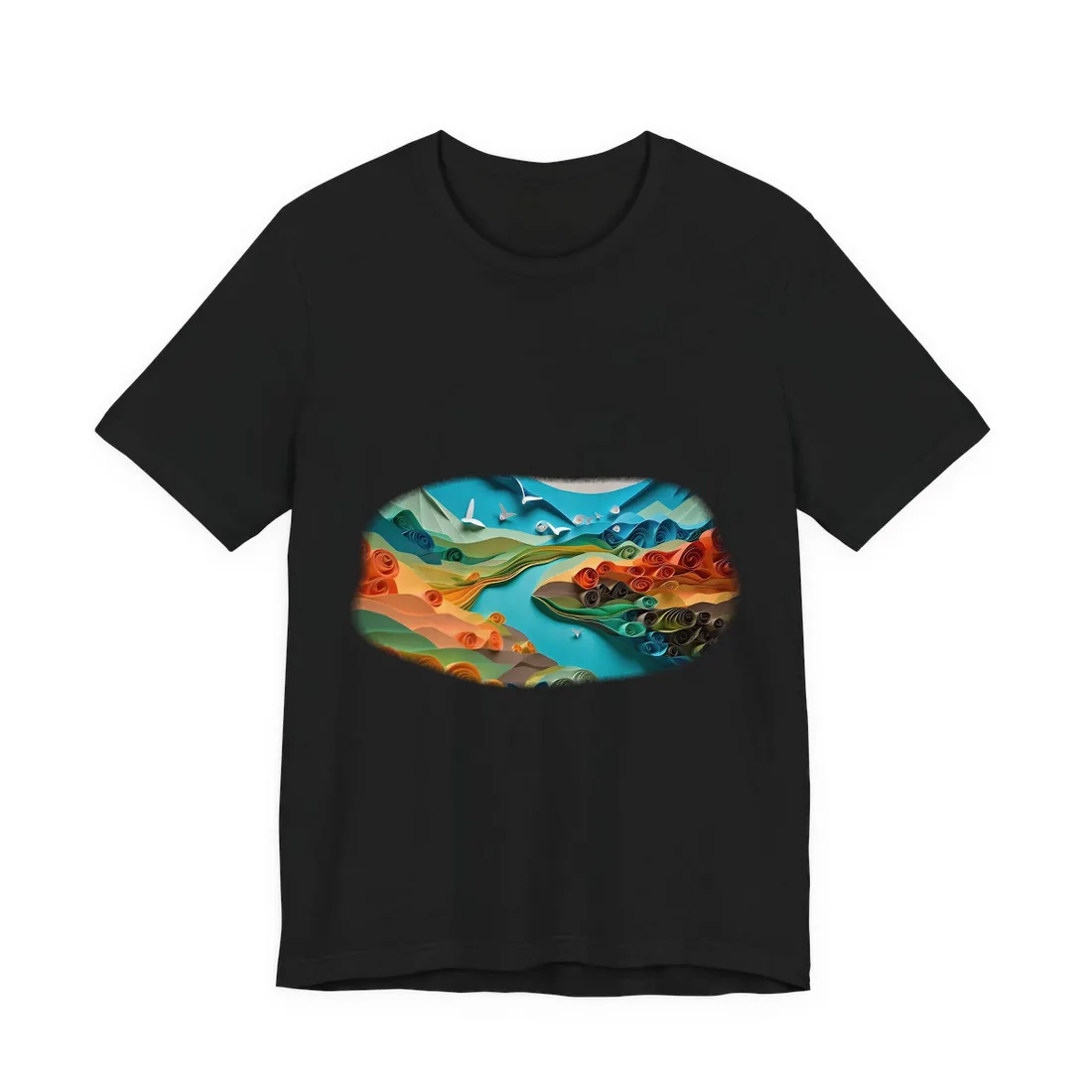 Green Hills and Blossoms: Paper Quilling Landscape – T-Shirt, black