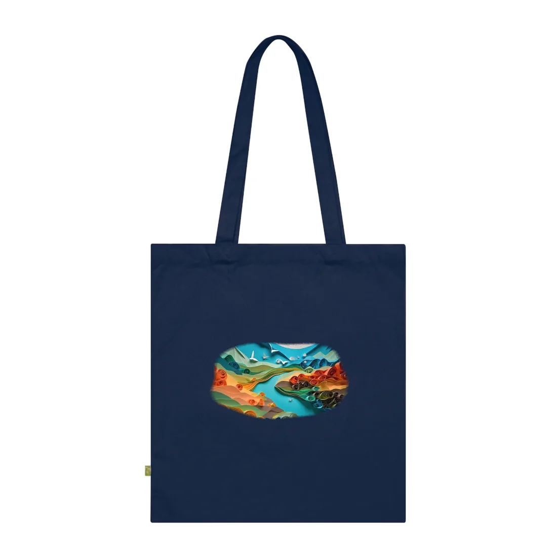 Green Hills and Blossoms: Paper Quilling Landscape – Tote Bag, french navy
