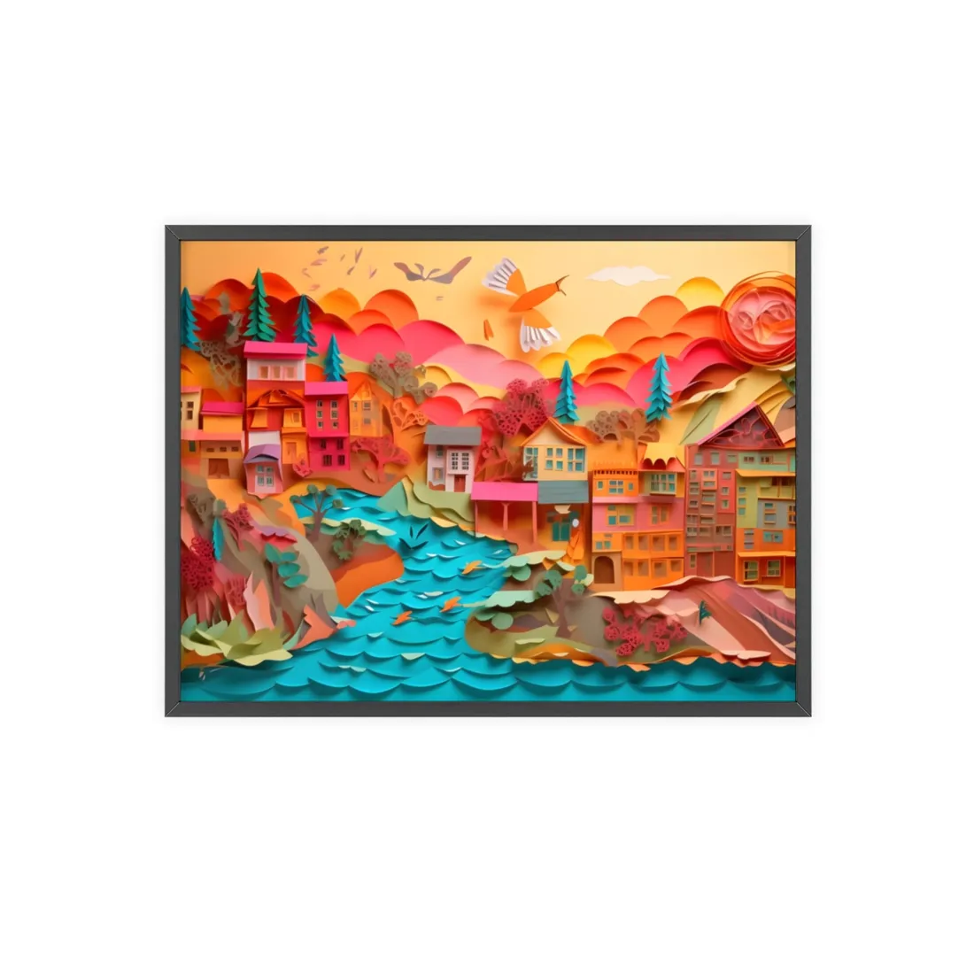 Magical Beach Quill: Vibrant Paper Art of Tropical Paradise - Framed Poster