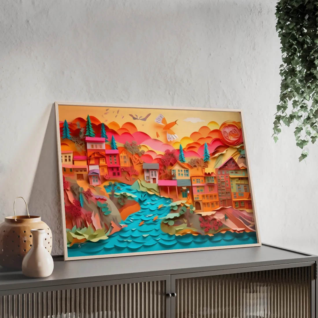 Magical Beach Quill: Vibrant Paper Art of Tropical Paradise - Framed Poster