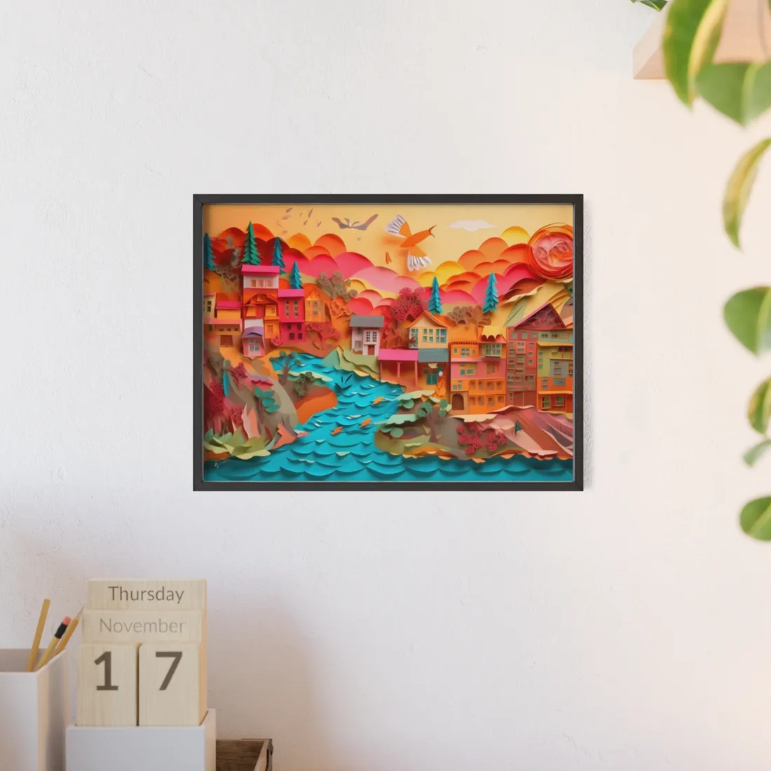 Magical Beach Quill: Vibrant Paper Art of Tropical Paradise - Framed Poster