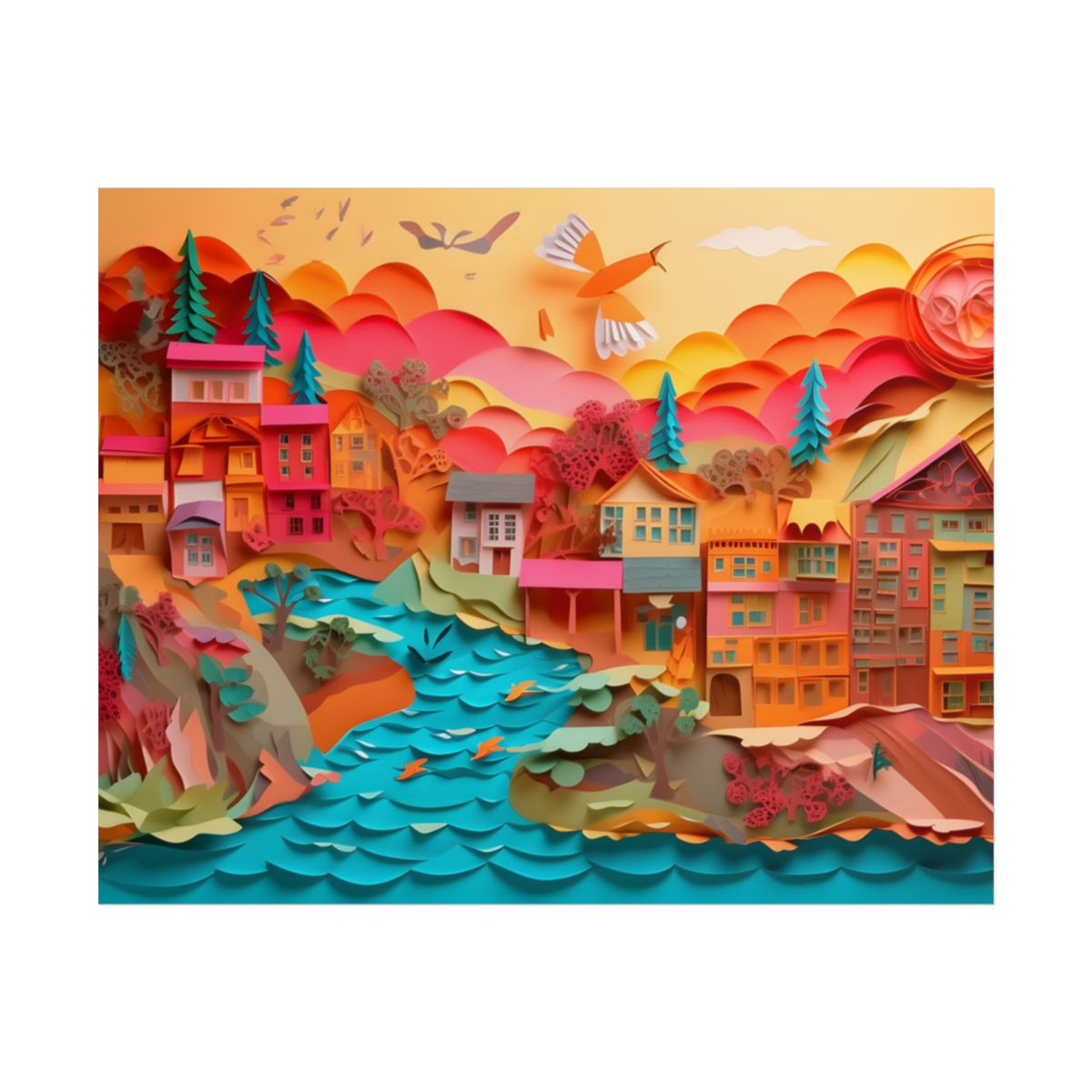 Magical Beach Quill: Vibrant Paper Art of Tropical Paradise - Poster
