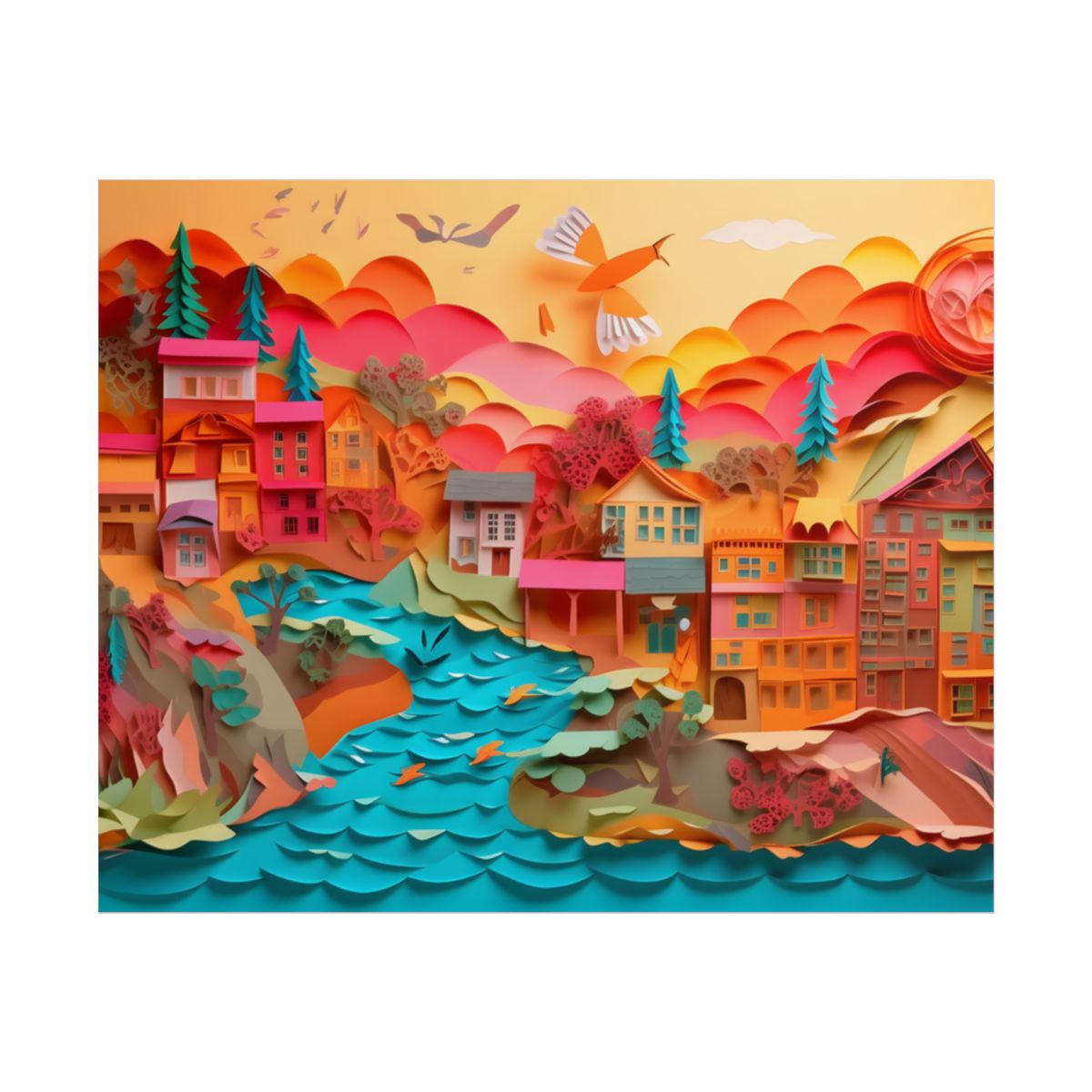 Magical Beach Quill: Vibrant Paper Art of Tropical Paradise - Poster