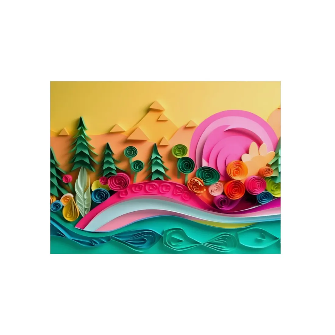 Quilled Pine Mountain Landscape: Paper Art Scene – Metal Poster