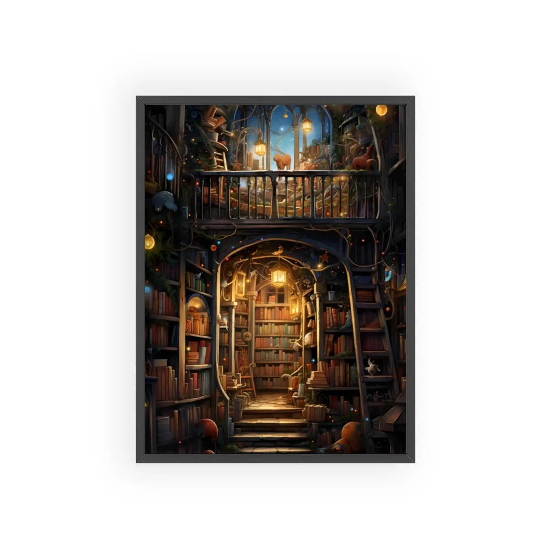 Magical Bookshop Art: A Serene & Enchanting Scene - Framed Poster
