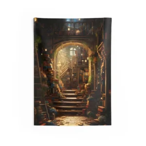 Fantasy Library with Staircase Wall Tapestry