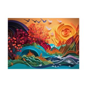 Paper Cut Sunset Landscape Poster
