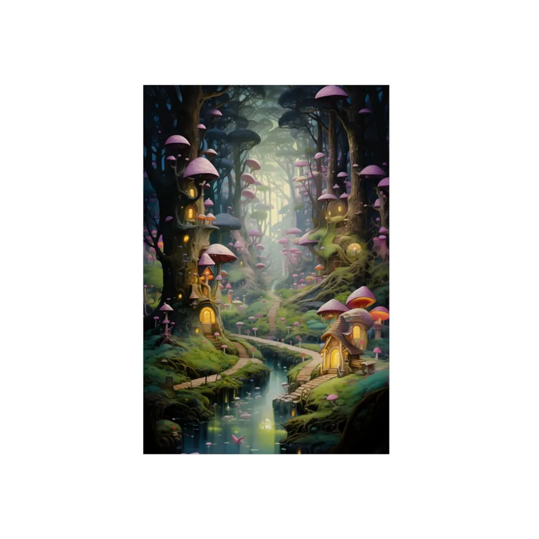 Magical Mushroom Forest Village: Glowing Enchanted Scene - Metal Poster