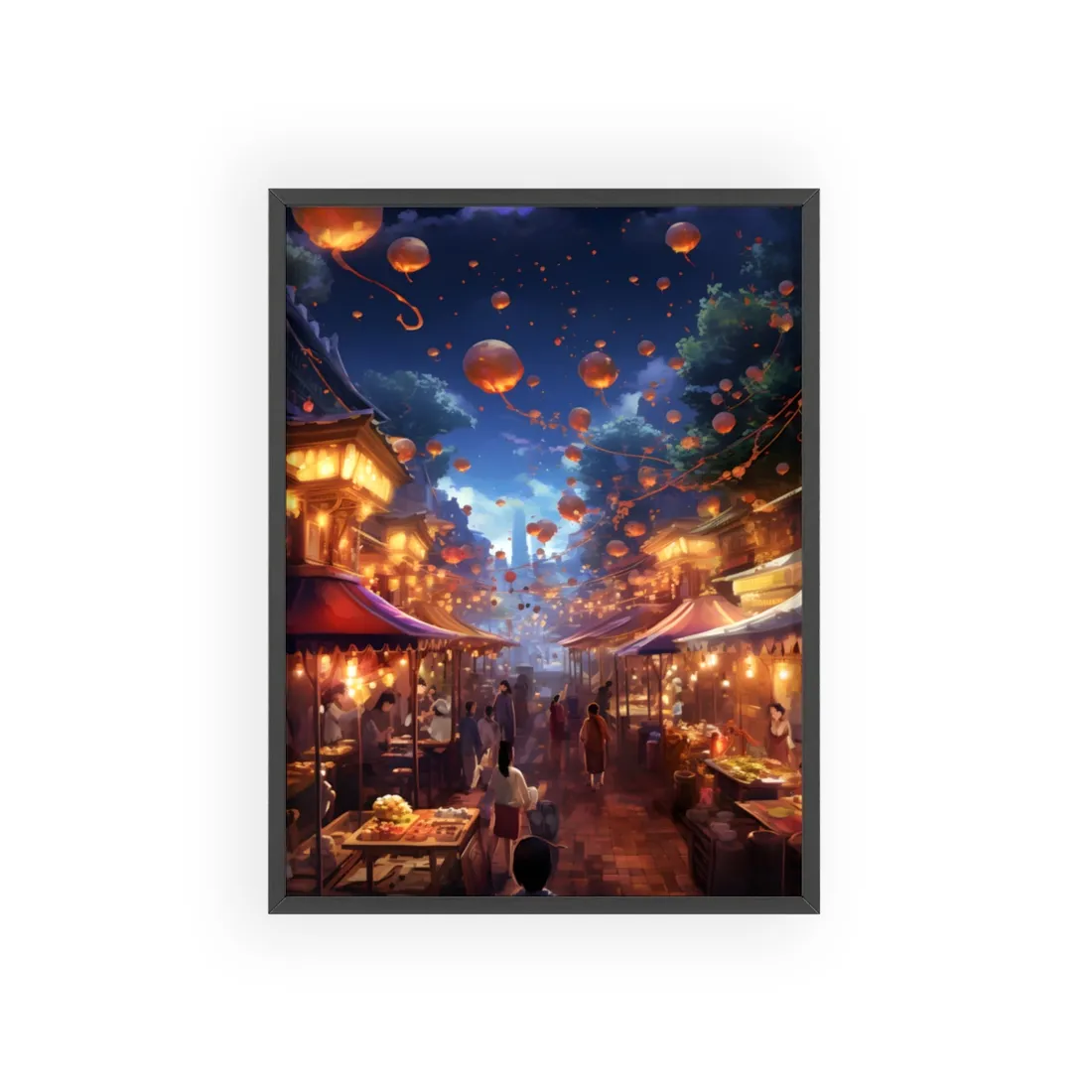 Magical Nighttime Street Food Market: Vibrant Evening Scene - Framed Poster