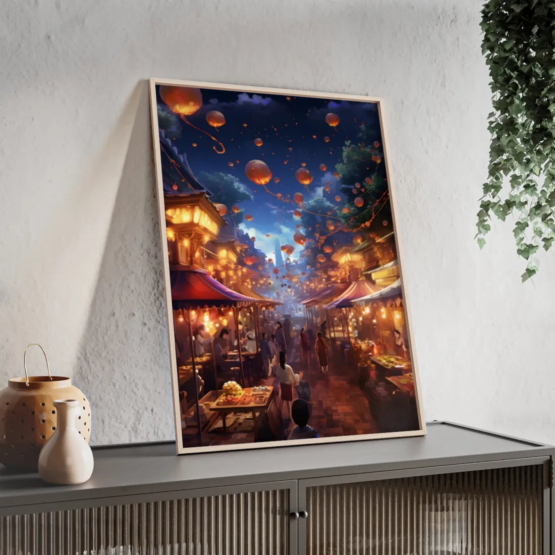 Magical Nighttime Street Food Market: Vibrant Evening Scene - Framed Poster