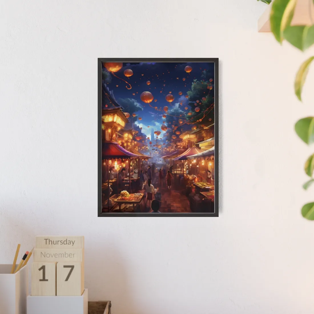 Magical Nighttime Street Food Market: Vibrant Evening Scene - Framed Poster