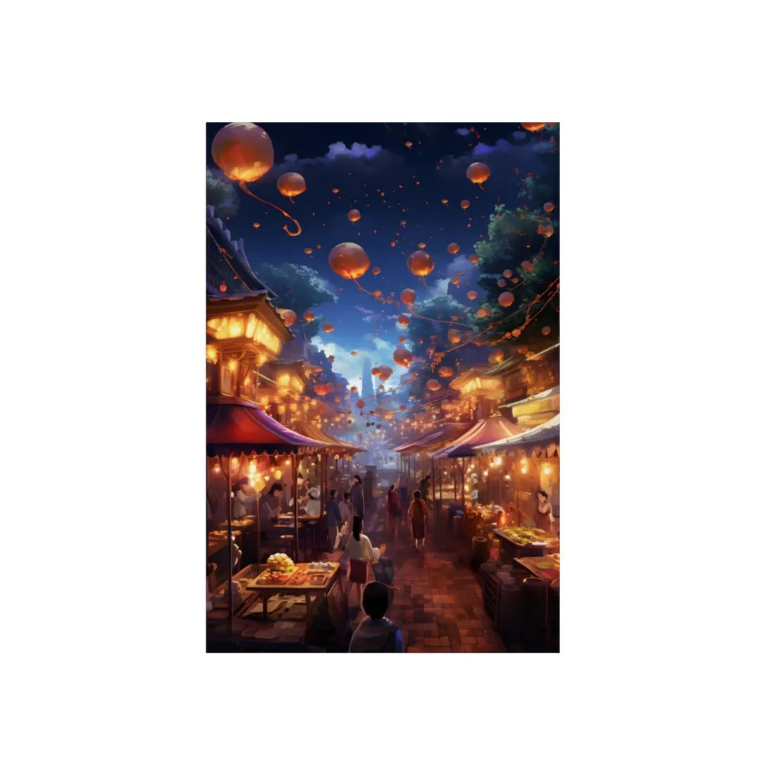 Magical Nighttime Street Food Market: Vibrant Evening Scene - Metal Poster