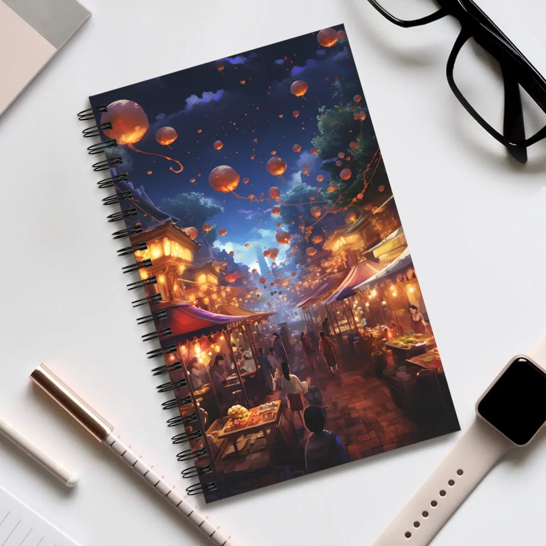 Magical Nighttime Street Food Market: Vibrant Evening Scene - Spiral Notebook