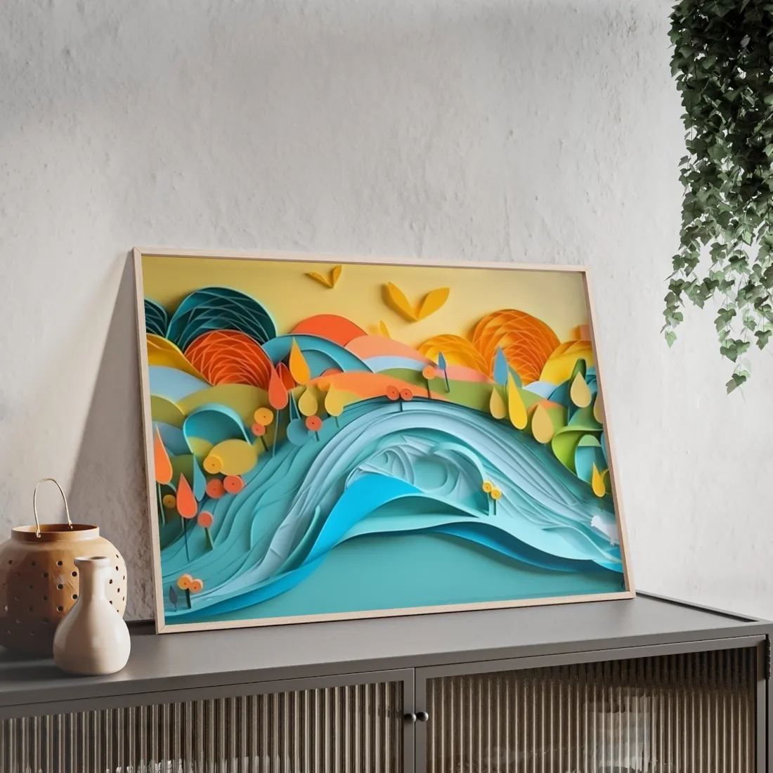 Magical Peaceful Beach: Paper Quilled Serenity - Framed Poster