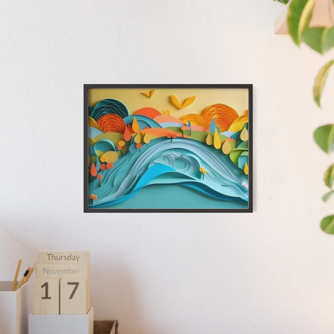 Magical Peaceful Beach: Paper Quilled Serenity - Framed Poster