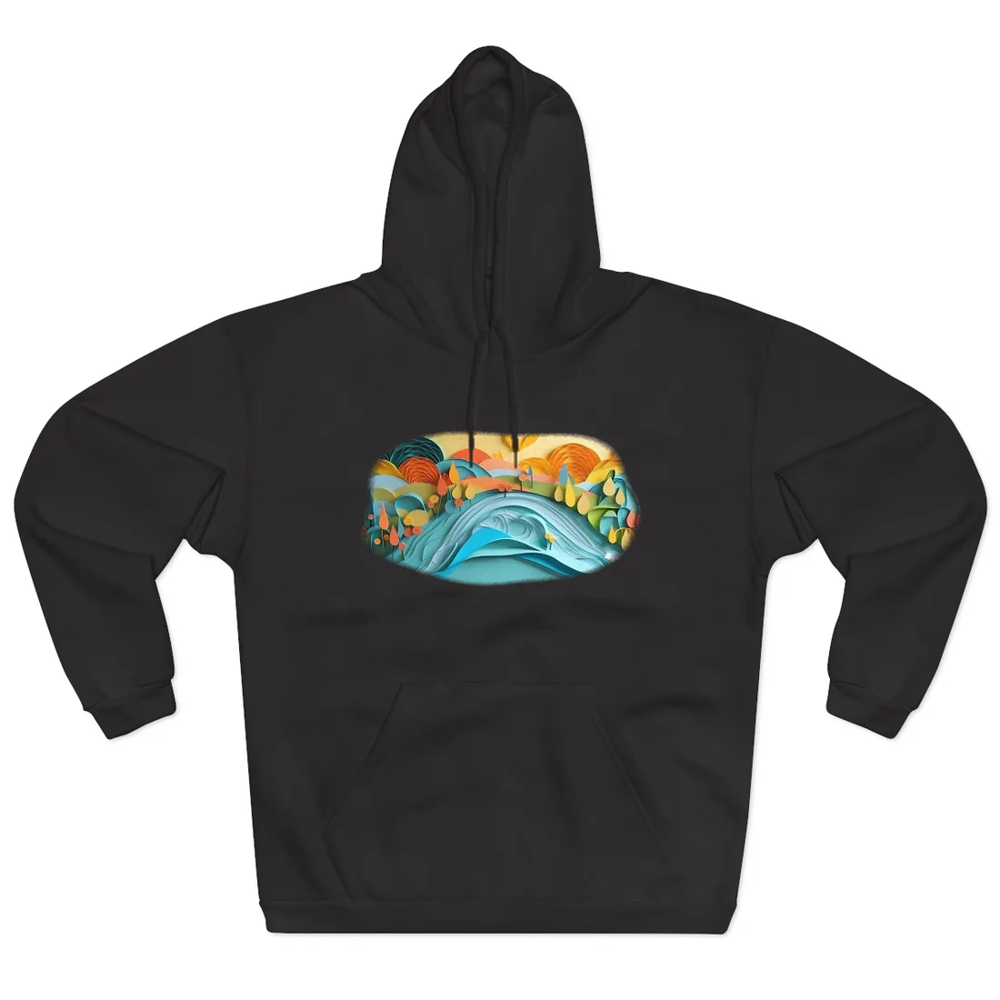 Layered paper-cut landscape with blue wave, orange and yellow hills, teardrop trees, and a warm yellow sky – Hoodie, black