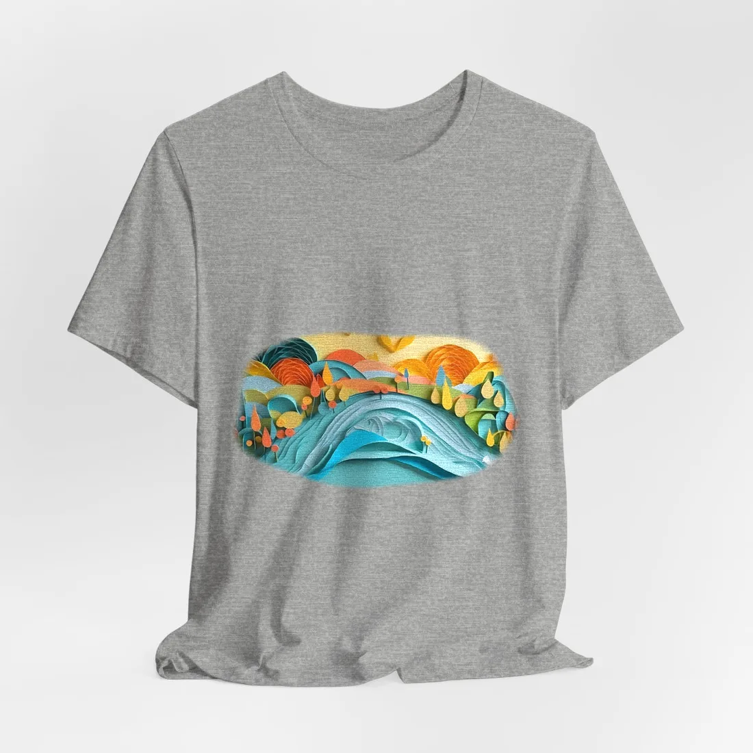 Layered paper-cut landscape with blue wave, orange and yellow hills, teardrop trees, and a warm – T-Shirt, athletic heather