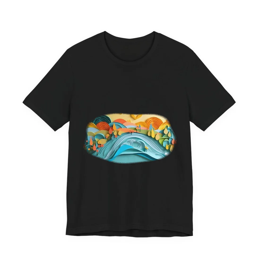 Layered paper-cut landscape with blue wave, orange and yellow hills, teardrop trees, and a warm yellow sky – T-Shirt, black