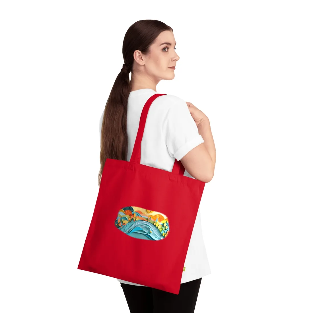 Layered paper-cut landscape with blue wave, orange and yellow hills, teardrop trees, and a warm – Tote Bag, classic red