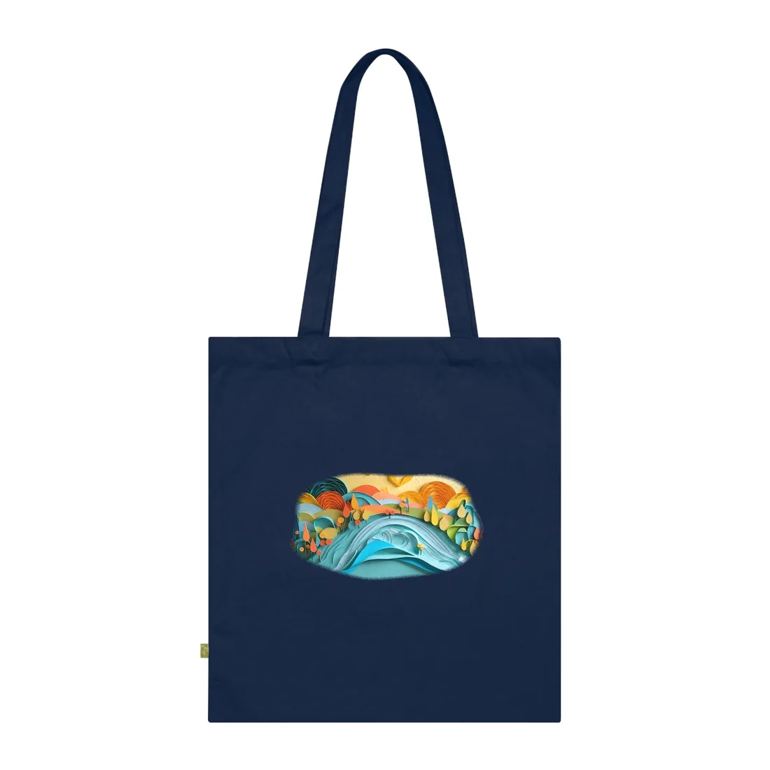 Layered paper-cut landscape with blue wave, orange and yellow hills, teardrop trees, and a warm – Tote Bag, french navy