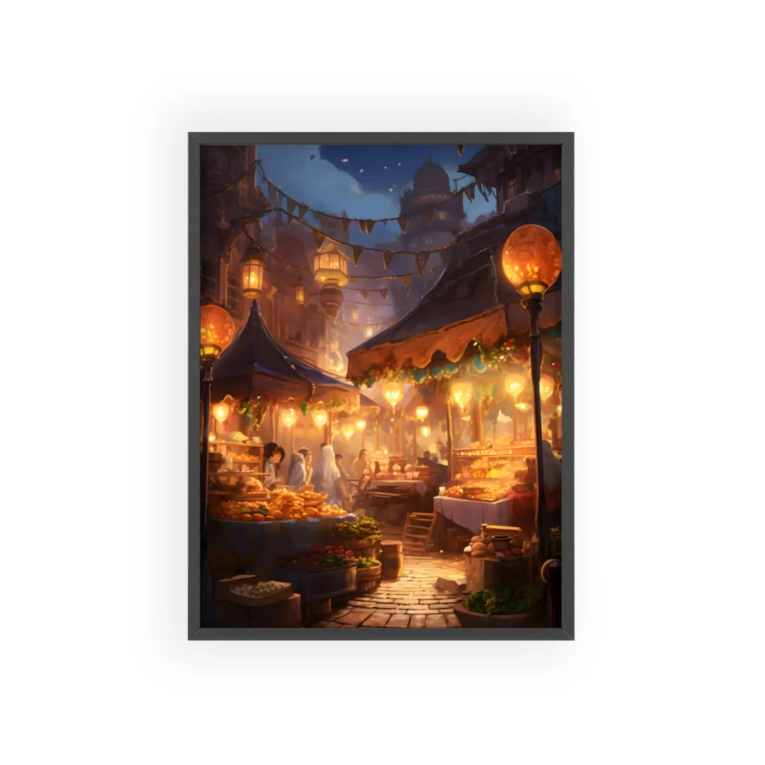 Magical Street Food Market: A Colorful Nighttime Scene - Framed Poster