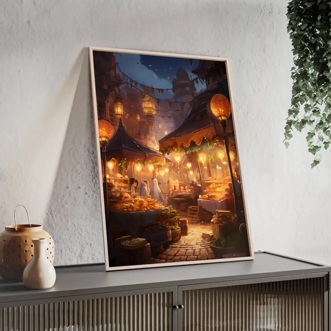Magical Street Food Market: A Colorful Nighttime Scene - Framed Poster