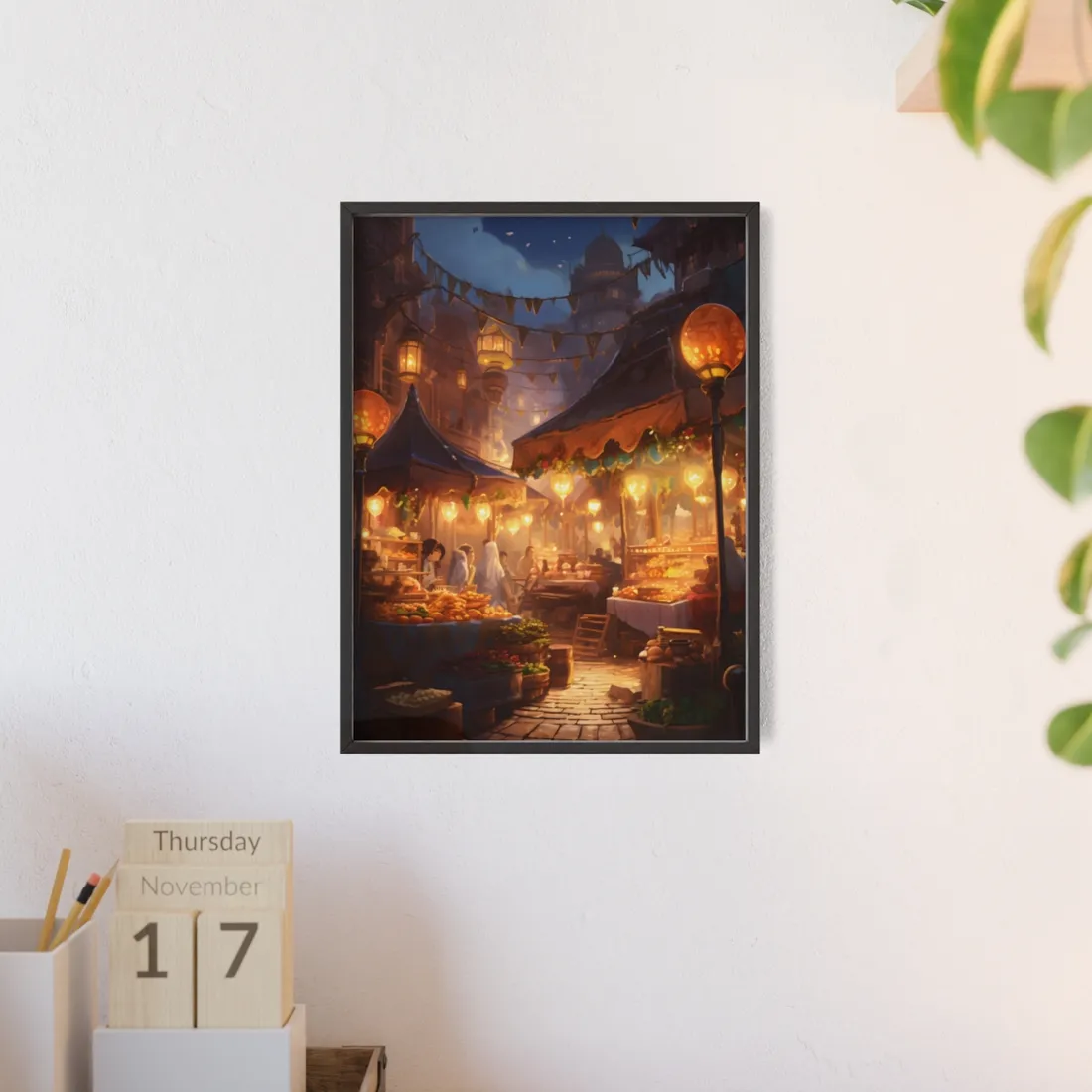 Magical Street Food Market: A Colorful Nighttime Scene - Framed Poster