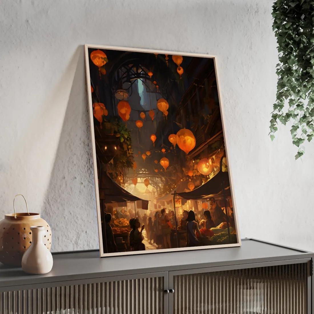 Magical Street Food Market: Enchanting Evening Scene - Framed Poster