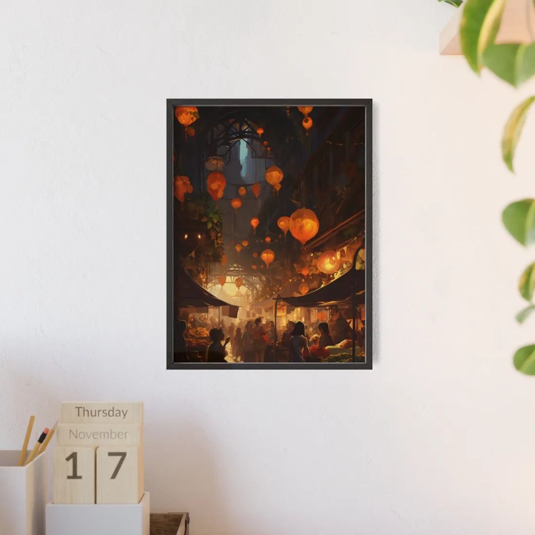 Magical Street Food Market: Enchanting Evening Scene - Framed Poster