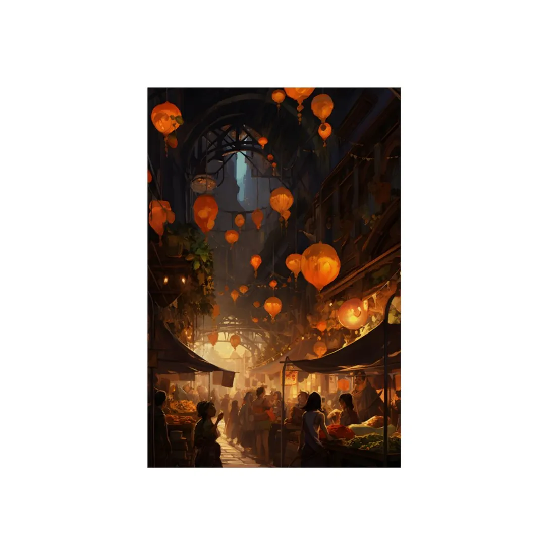 Magical Street Food Market: Enchanting Evening Scene - Metal Poster