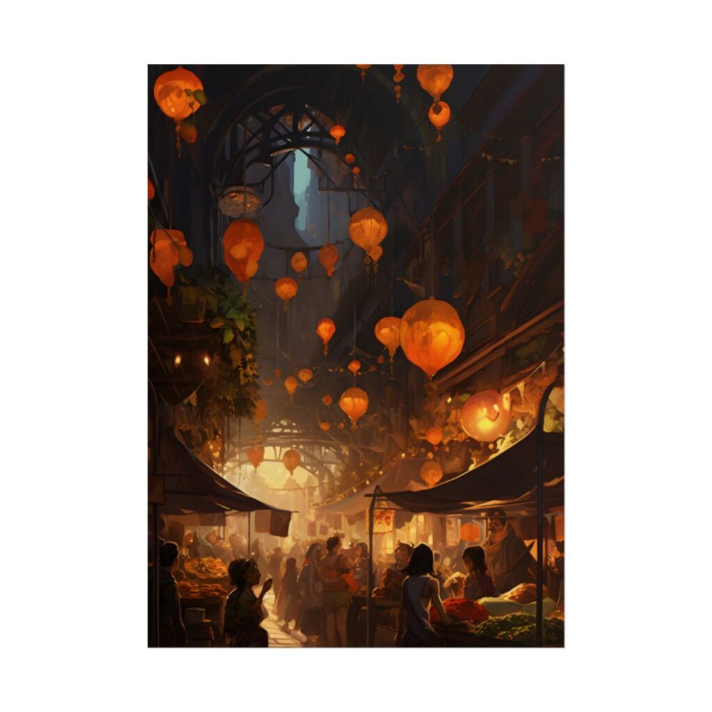 Magical Street Food Market: Enchanting Evening Scene - Poster