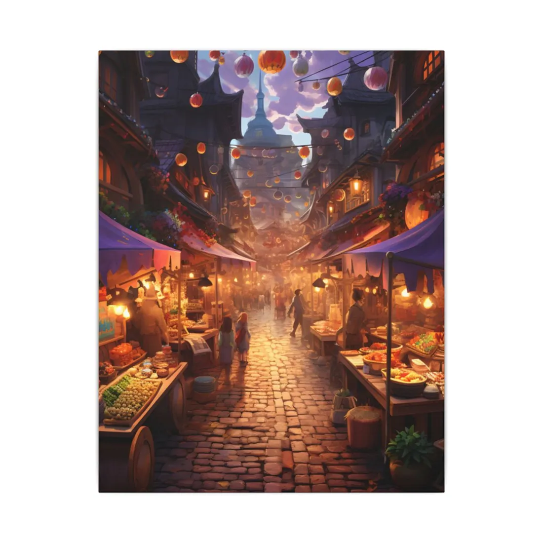 Magical Street Food Market: Vibrant Enchanted Scene Art - Canvas