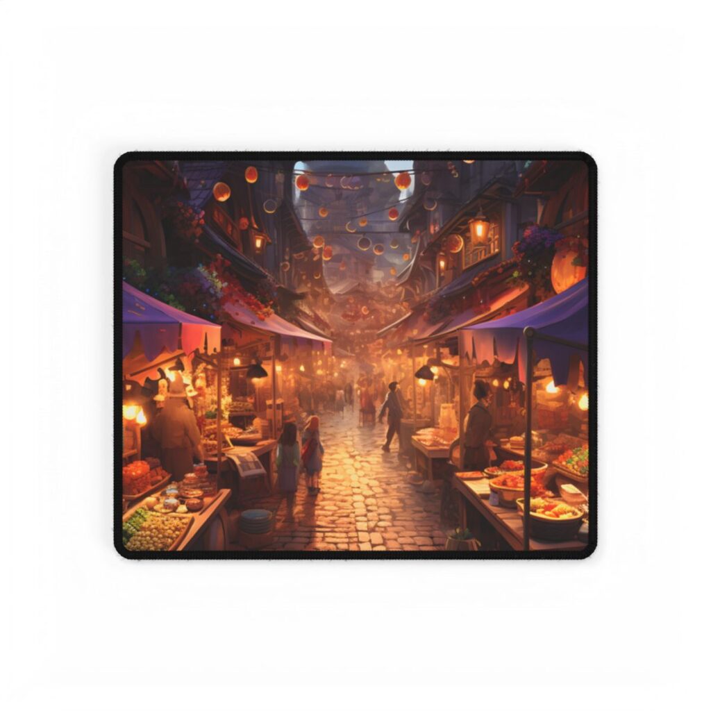 Magical Street Food Market: Vibrant Enchanted Scene Art - Desk Mat