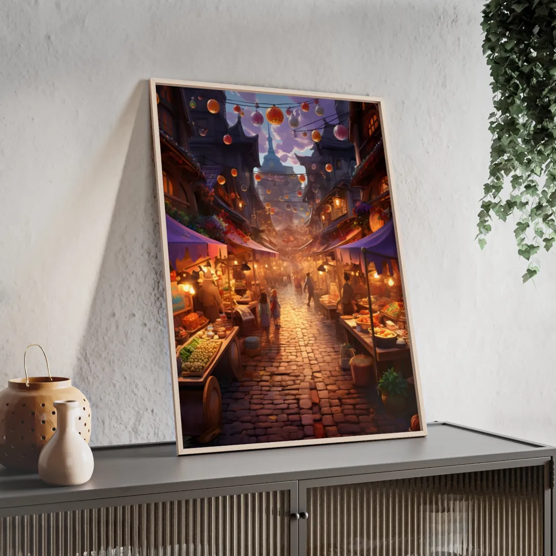 Magical Street Food Market: Vibrant Enchanted Scene Art - Framed Poster