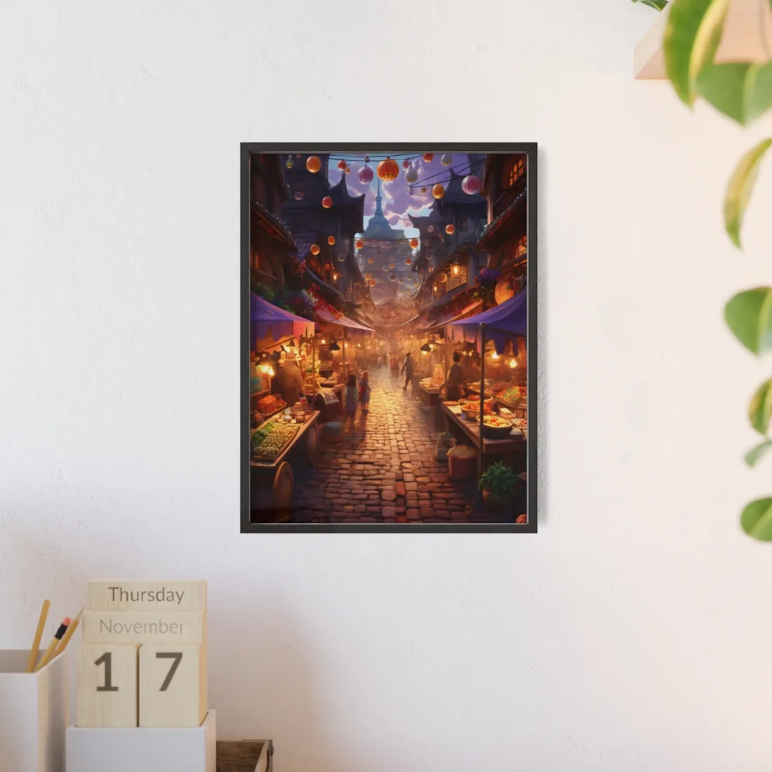 Magical Street Food Market: Vibrant Enchanted Scene Art - Framed Poster