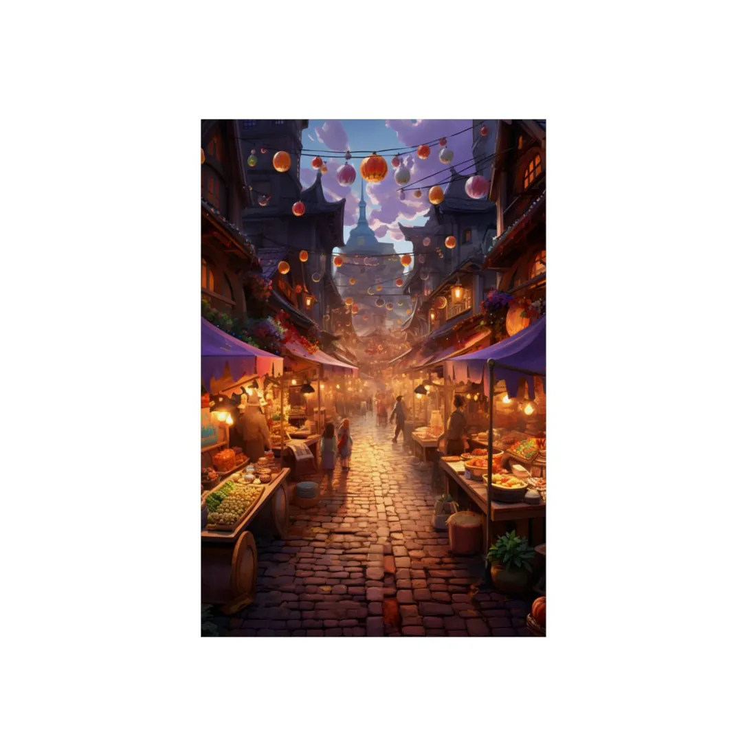 Magical Street Food Market: Vibrant Enchanted Scene Art - Metal Poster