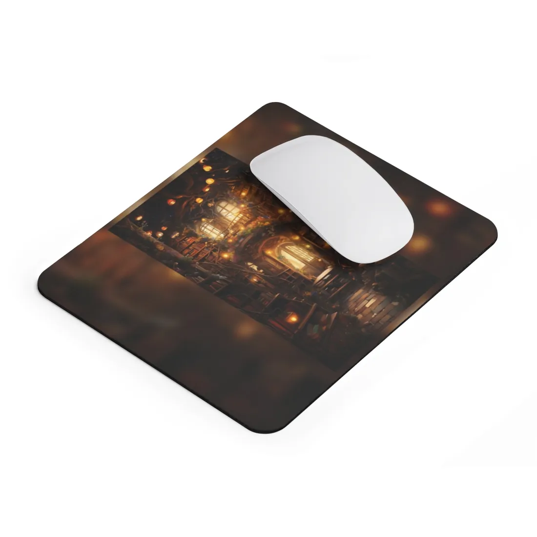 Fantasy library with bookshelves, glowing lanterns, spiral stairs and flowering vines beneath branches – Mouse Pad, view 2