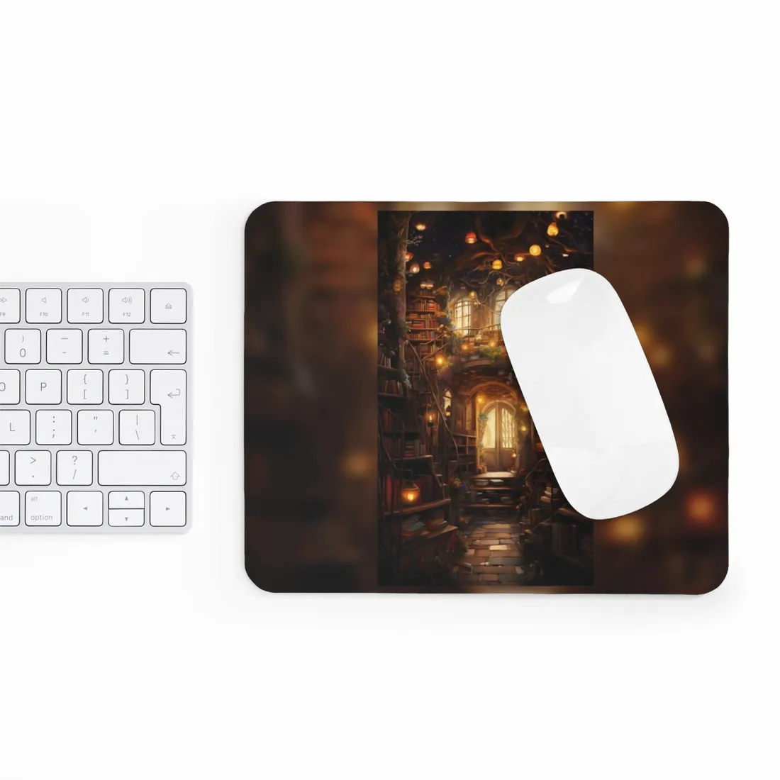 Fantasy library with bookshelves, glowing lanterns, spiral stairs and flowering vines beneath branches – Mouse Pad, view 3