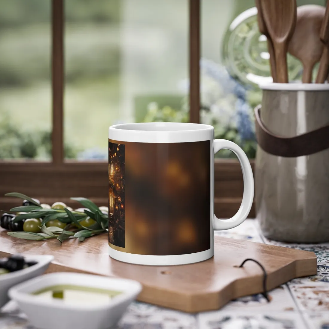 Fantasy library with bookshelves, glowing lanterns, spiral stairs and flowering vines beneath branches – Mug, view 2
